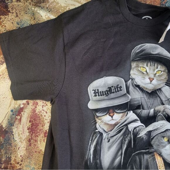ODM Men T-Shirt Larg Black Cat Trio Hug Life Thug Gangster Graphic Crew Neck NWT - Picture 5 of 15